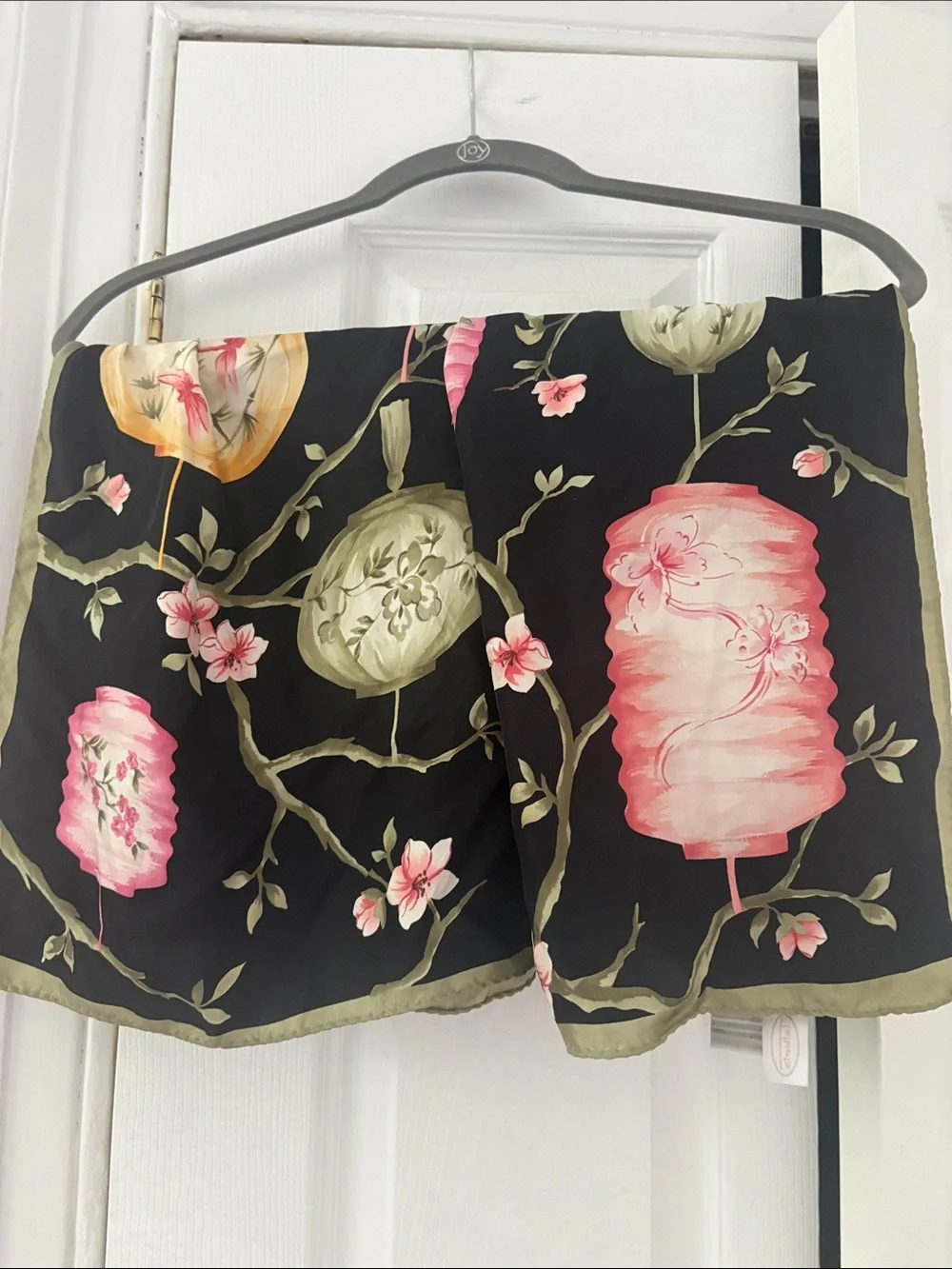 Talbots Black Floral Lantern Print Silk Scarf with Pink and Green Accents